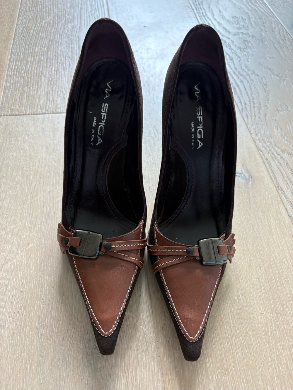 Via Spiga Brown Suede & Leather Pointed Toe Pumps